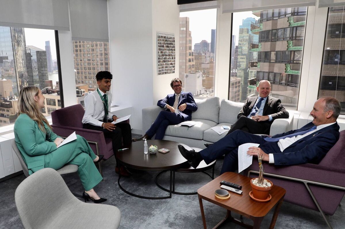 Tánaiste Micheál Martin meeting (left to right) Irish youth delegates to the UN Alicia O’Sullivan and Mohammad Naeem; climate and sustainable development lead of Ireland's mission to the UN, John Gilroy, and Ireland's Ambassador to the UN, Fergal Mythen. Picture: Twitter/IrelandAmbUN