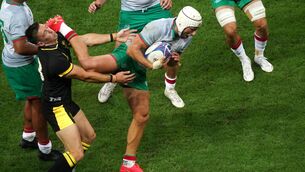 <p>SCRAP TMO?: Portugal's Vincent Pinto kicks Wales' Josh Adams. Photo credit: David Davies/PA Wire</p>