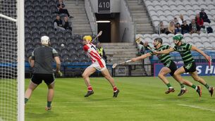 <p> Sean Desmond, Imokilly fires home a poing past Douglas keeper Donal Maher during their Co-Op Superstores Cork Premier Senior Hurling Championship quarter-final match at Páirc Uí Chaoimh.Picture Dan Linehan</p>
