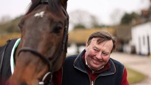 <p>HURDLES CAMPAIGN: Horse racing trainer Nicky Henderson with Constitution Hill at Seven Barrows Stables. Pic: Richard Heathcote/Getty Images</p>