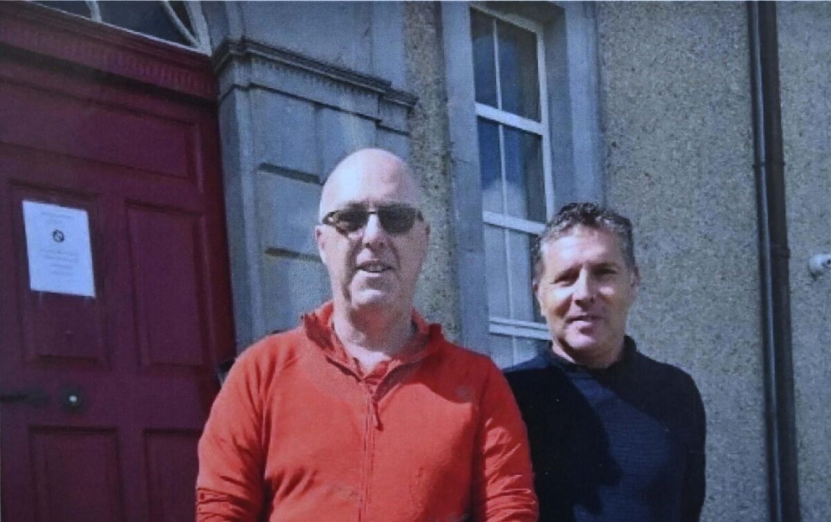 Paul Lynch (left) with Michael Donovan at the entrance door to Sean Ross Abbey, Roscrea. Picture copied by Denis Minihane