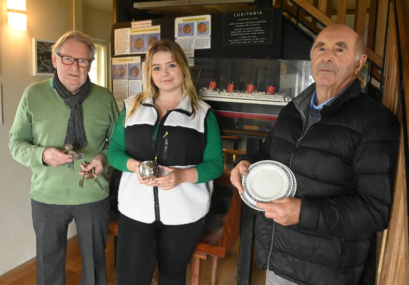 Padraig Begley, vice chairman; Shannon Forde, manager; and JJ Hayes from the Old Head Lusitania museum with items from the Lusitania. Padraig Begley, vice chairman; Shannon Forde, manager; and JJ Hayes from the Old Head Lusitania museum with items from the Lusitania.