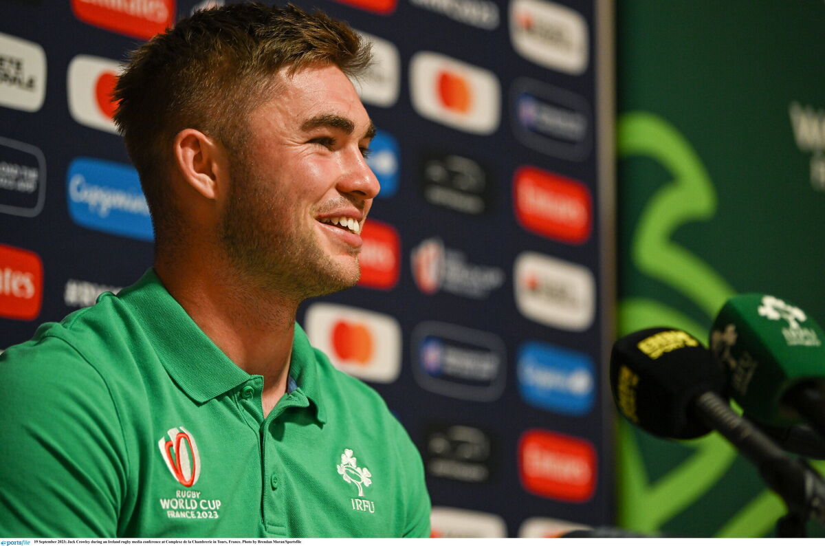 Jack Crowley during an Ireland rugby media conference at Complexe de la Chambrerie in Tours, France. Photo by Brendan Moran/Sportsfile