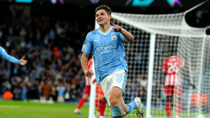 <p>CLINICAL CUSTOMER: Manchester City's Julian Alvarez celebrates. Pic: Martin Rickett/PA Wire</p>