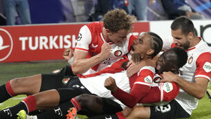 <p>DUTCH DISASTER: Feyenoord's Calvin Stengs, second left, celebrates after scoring the opening goal during the Champions League Group E soccer match between Feyenoord and Celtic. Pic: AP Photo/Peter Dejong</p>