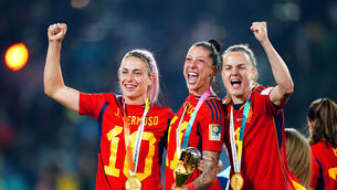 <p>Spain's Alexia Putellas (left), Jennifer Hermoso and Irene Paredes celebrate with the trophy after winning the FIFA Women's World Cup. Pic: Zac Goodwin/PA Wire</p>