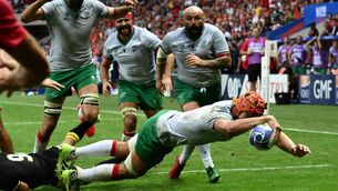 <p>TRY! Portugal's flanker Nicolas Martins dives over the line to score against Wales at Stade de Nice</p>