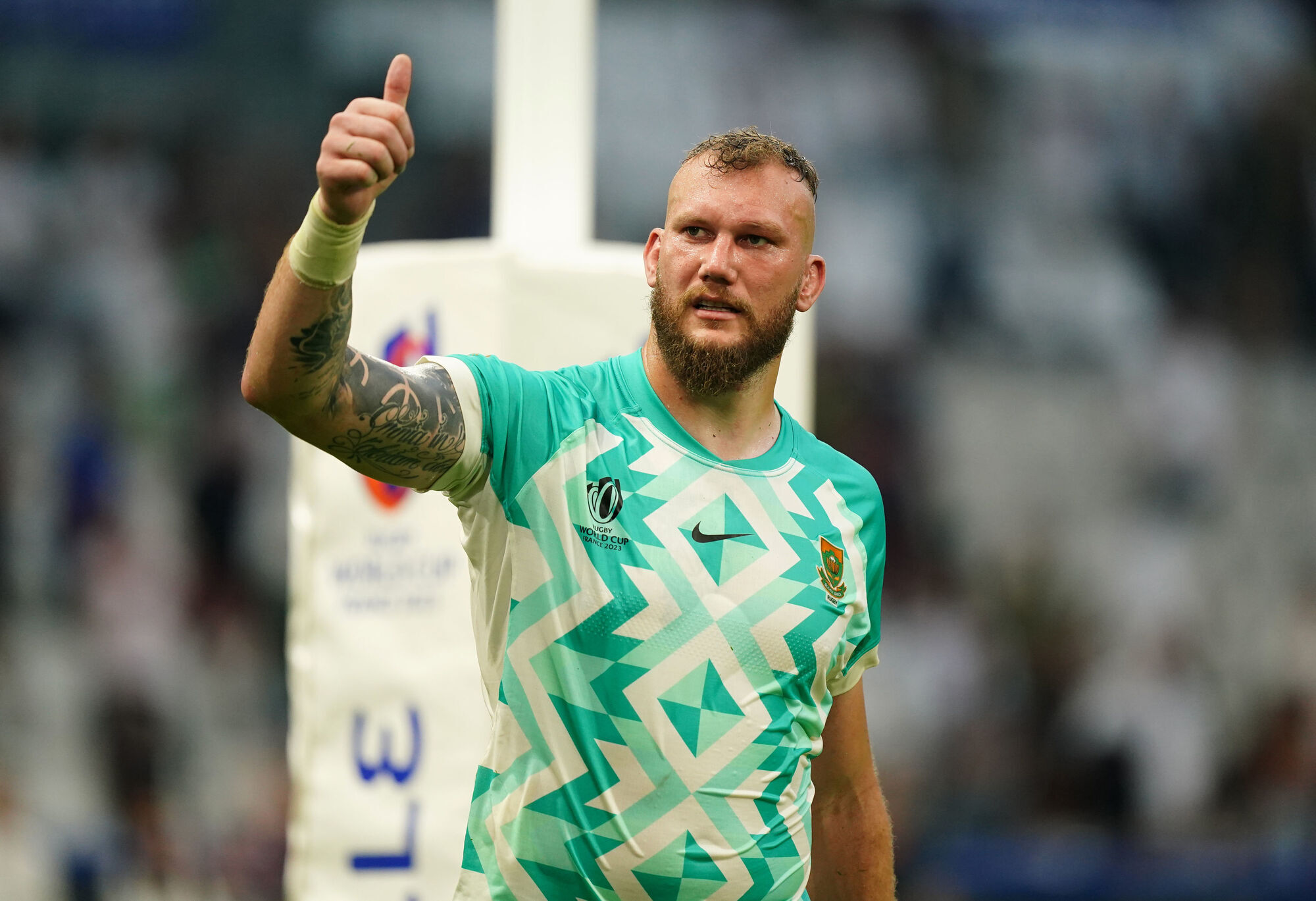 THUMBS UP TO IRELAND: South Africa's RG Snyman after the 2023 Rugby World Cup Pool B match at the Stade de Marseille. Photo credit: Mike Egerton/PA Wire.