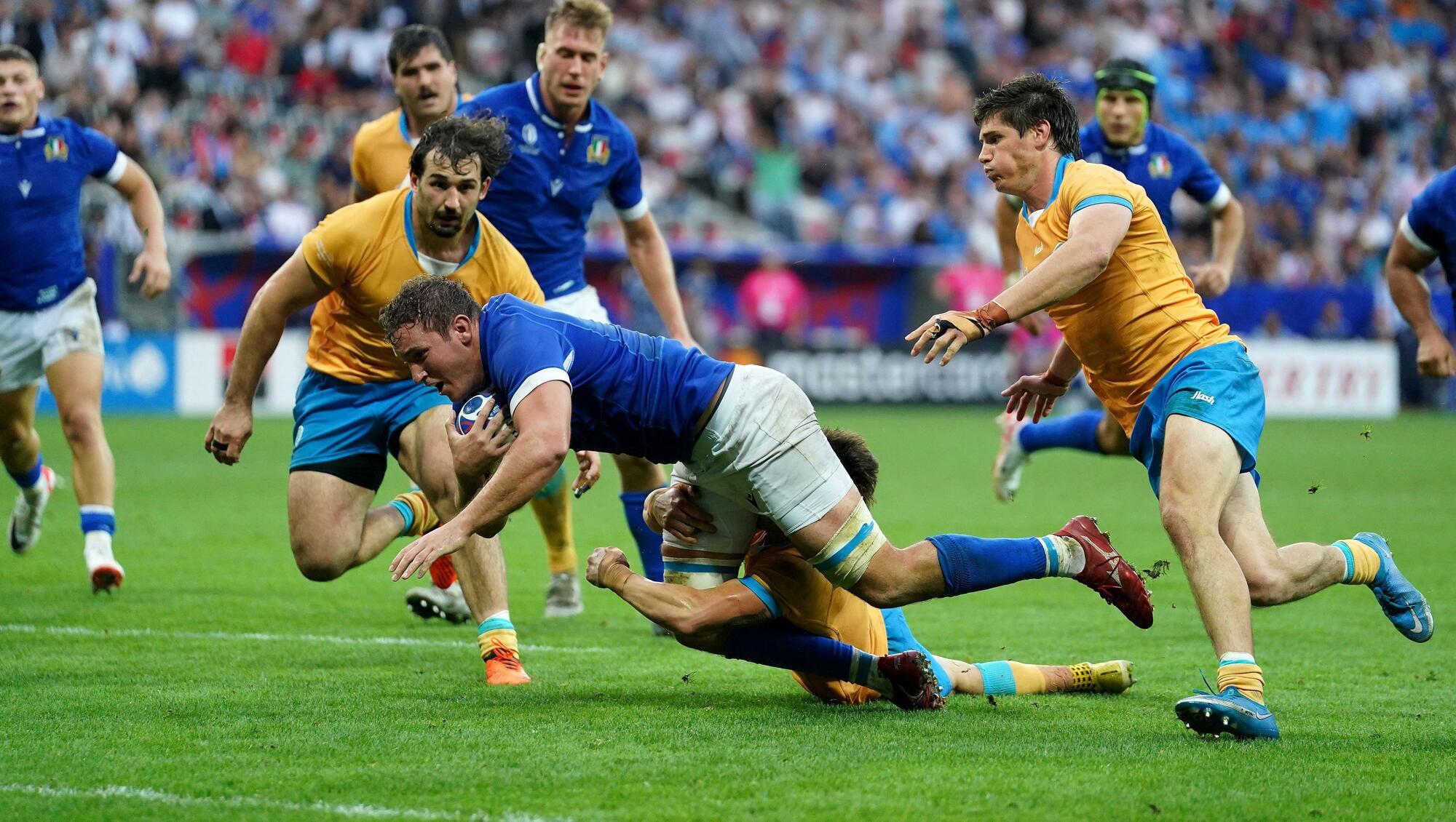 Italy's Michele Lamaro scores their second try. Photo credit: Adam Davy/PA Wire