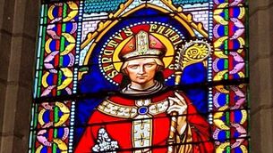 <p>St Patrick stained glass window at the  Institution Scolaire Marmoutier,</p>