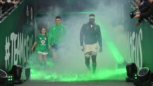 <p>READY TO RUMBLE: The two captains, Jonathan Sexton of Ireland and Siya Kolisi of South Africa, make their way out for last year's Aviva Stadium clash. Pic: Brendan Moran/Sportsfile</p>