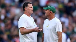 <p>BRAINS TRUST: South Africa Director Of Rugby Rassie Erasmus and South Africa Head Coach Jacques Nienaber. Pic:INPHO/James Crombie</p>