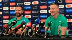 <p>ALL SMILES: Head coach Andy Farrell with Johnny Sexton at Thursday's press conference in Paris. Pic: INPHO/Dan Sheridan</p>