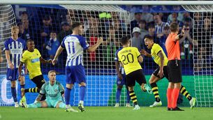 <p>GREEK LIGHTNING: AEK Athens' Ezequiel Ponce celebrates scoring their side's third goal of the game during the UEFA Europa League Group B match at The AMEX, Brighton and Hove. Pic: Steven Paston/PA Wire</p>