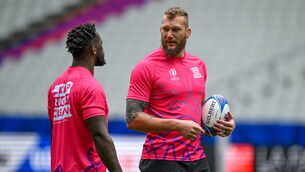 <p>RG Snyman, right, and Siya Kolisi during the South Africa rugby squad captain's run at the Stade de France. Pic: Brendan Moran/Sportsfile</p>