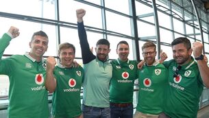 <p>Irish rugby supporters (from left) Aidan Clarke, Peter Graef, Andrew Kelly, Seán Murphy, Shane Dwyer, and Jeff McCarthy at Cork Airport prior to departure for Paris for the Irish Rugby World Cup game against South Africa. Picture: Denis Minihane</p>