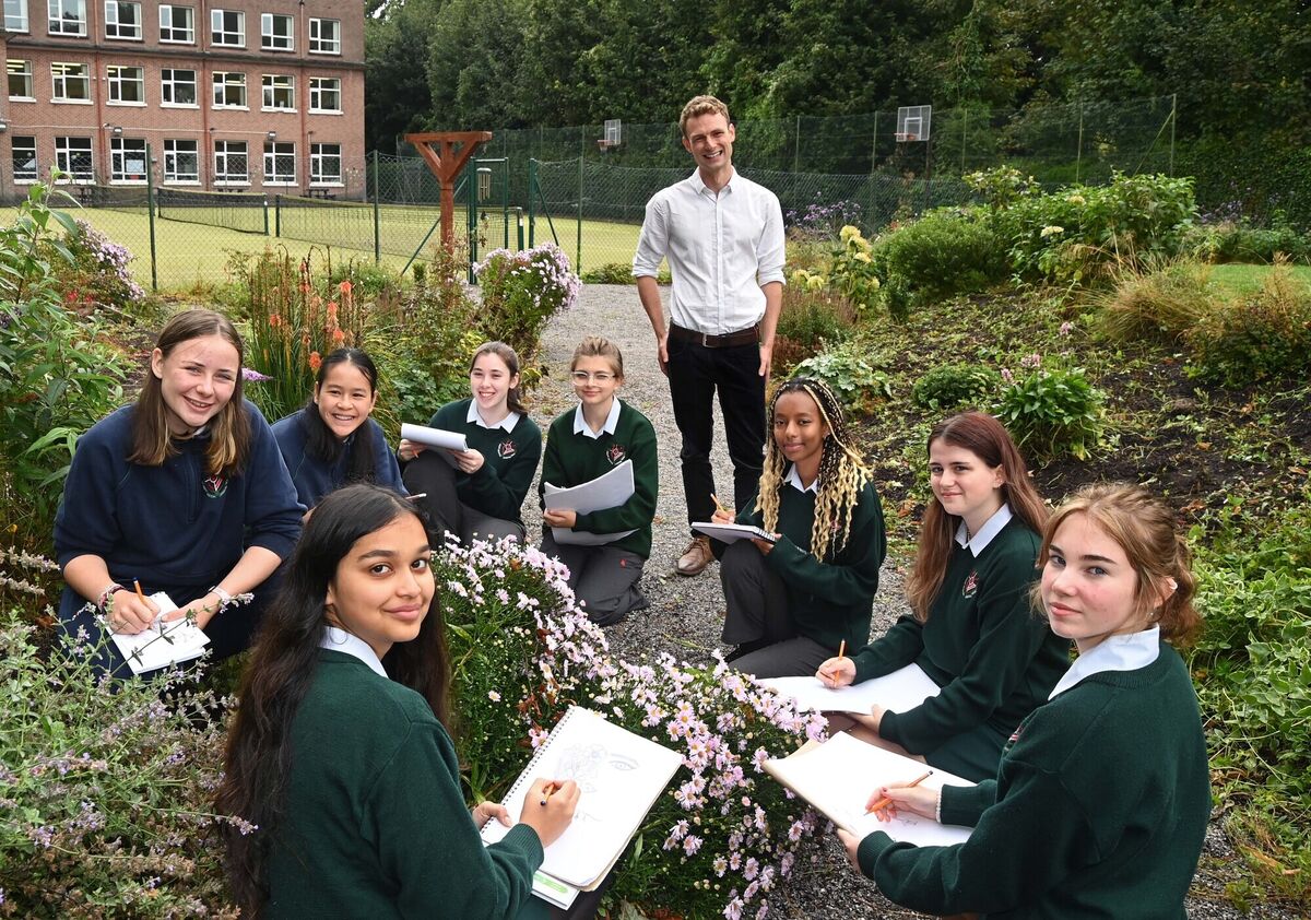 Transition-year art class students and teacher Rob Lee in the sensory garden at St Aloysius' School, Cork.