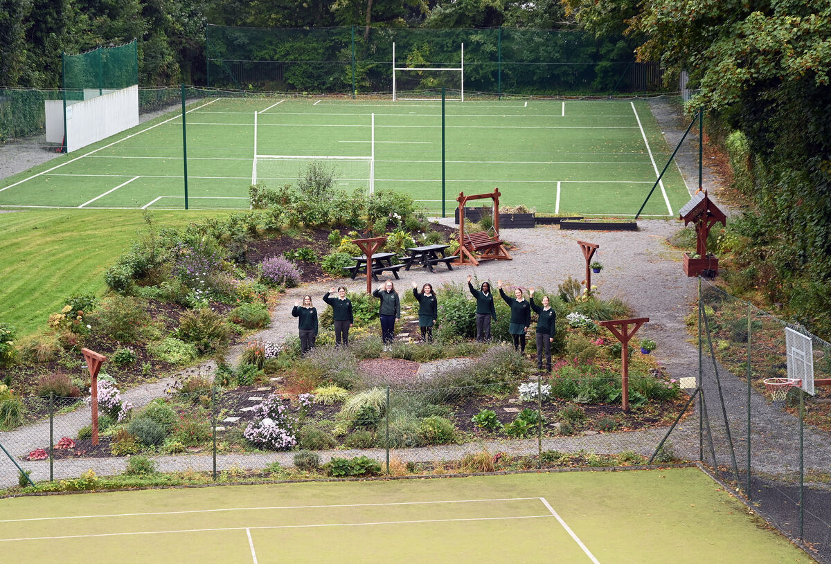 Transition-year and fifth-year students in the sensory garden surrounded by sports facilities.
