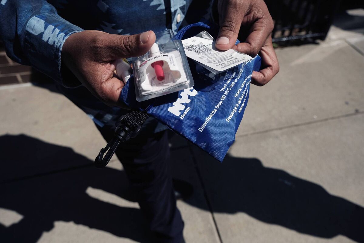 A naloxone overdose kit, available in a Brooklyn vending machine, along with test strips. Picture: Spencer Platt/Getty