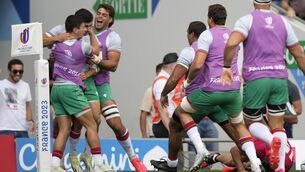 <p>SWEET RELIEF: Portugal's Raffaele Storti celebrates with teammates after scoring a try during the Rugby World Cup Pool C match between Georgia and Portugal at the Stadium de Toulouse in Toulouse, France, Saturday, Sept. 23, 2023. Pic: AP Photo/Lewis Joly</p>
