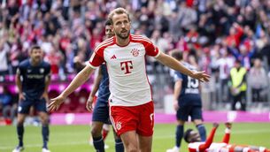 <p>KING KANE: Harry Kane of Munich celebrates scoring his side's second goal during the German Bundesliga match between Bayern Munich and VfL Bochum at the Allianz Arena inn Munich, Germany, Saturday, Sept. 23, 2023. Pic: Sven Hoppe/dpa via AP)</p>