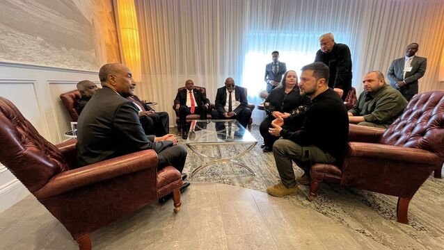 <p>Ukrainian President Volodymyr Zelenskyy held an unscheduled meeting with President of the Transitional Sovereign Council of Sudan Abdel Fattah al-Burhan at Shannon Airport. Picture: Volodymyr Zelenskyy/Twitter</p>