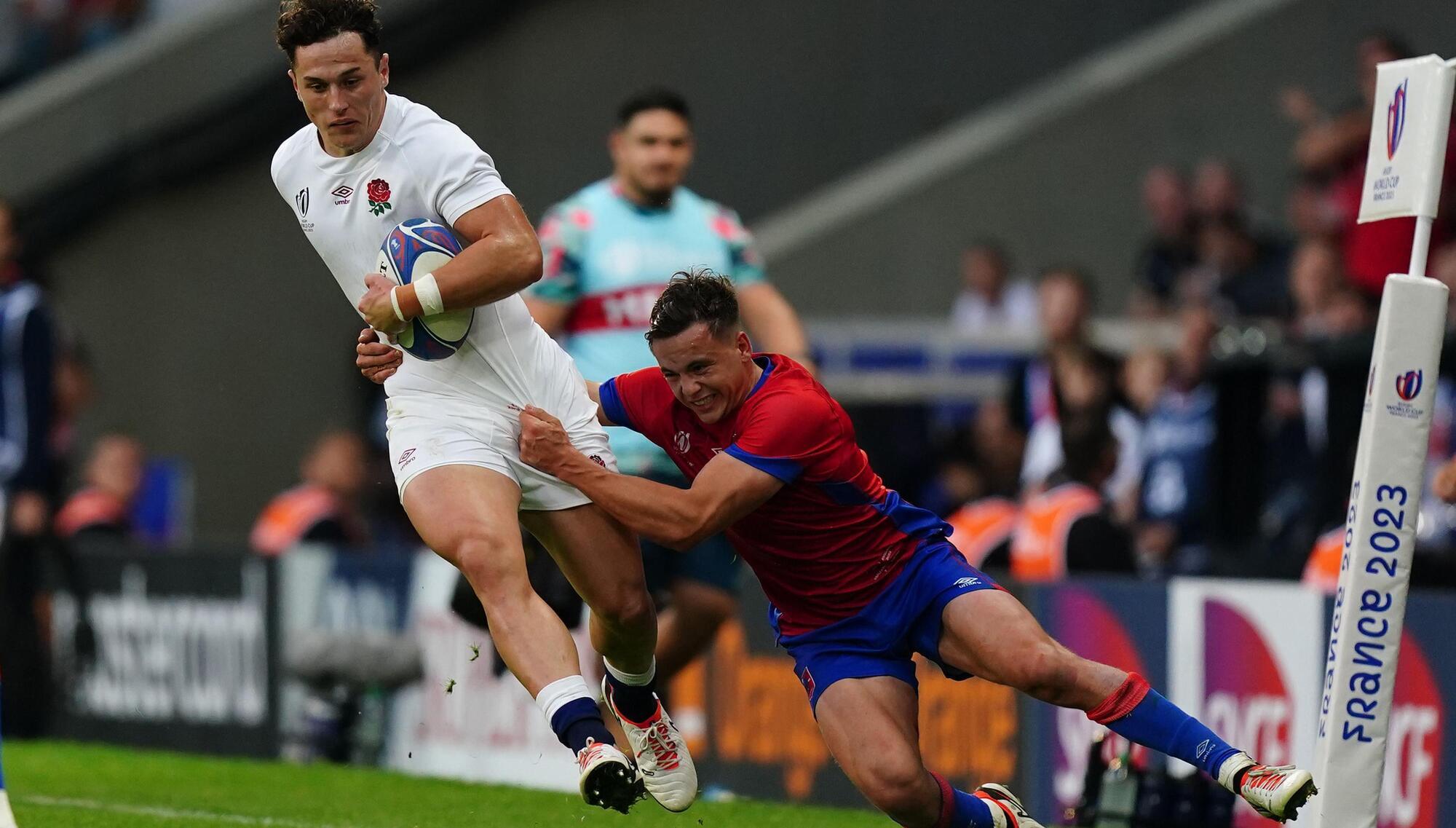 NO STOPPING HIM: England's Henry Arundell is tackled by Chile's Benjamin Videla during the Rugby World Cup 2023, Pool D match at the Stade de Nice, France. Pic: Mike Egerton/PA Wire