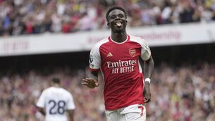 <p>Arsenal's Bukayo Saka celebrates a goal.</p>