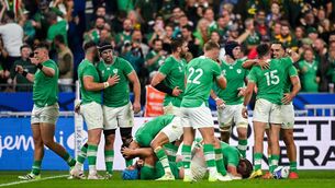 <p>JOY UNCONFINED: Ireland players celebrate victory in the 2023 Rugby World Cup Pool B match against South Africa at Stade de France in Paris. Pic: Brendan Moran/Sportsfile</p>