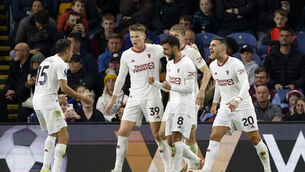 <p>BIG BOOST: Manchester United's Bruno Fernandes celebrates with teammates after scoring their sides first goal during the Premier League match at Turf Moor, Burnley. Picture date: Saturday September 23, 2023.</p>