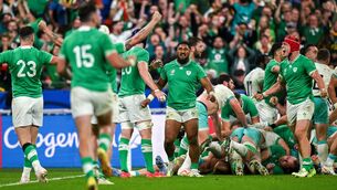 <p>TOP OF THE WORLD: Ireland players Bundee Aki and Josh van der Flier of Ireland, red scrum cap, lead the celebrations after winning the 2023 Rugby World Cup Pool B match between South Africa and Ireland at Stade de France in Paris, France. Pic: Brendan Moran/Sportsfile</p>