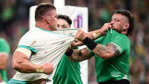 <p>NO BACKWARD STEP: Jasper Wiese and Andrew Porter get up close and personal at the Stade de France. </p>