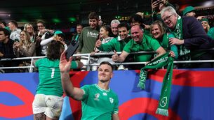 <p>ONE FOR THE GRAM: Ireland’s Johnny Sexton tales a selfie with fans after the game. Pic:INPHO/Dan Sheridan</p>