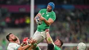 <p>HIGH AND MIGHTY: Tadhg Beirne of Ireland catches a restart in Paris on Saturday night. Picture: Brendan Moran/Sportsfile</p>