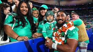 <p>FAMILY TIES: Ireland’s Bundee Aki celebrates winning with his wife Kayla and children Ailbhe and Andronikas. Picture: INPHO/Dan Sheridan</p>