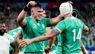 <p>JOY: Ireland’s Dan Sheehan celebrates after winning with Mack Hansen. Pic: INPHO/Dave Winter</p>