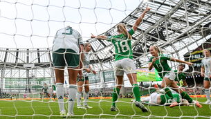 <p>THREE AND EASY: Lily Agg of Republic of Ireland, right, celebrates after scoring her side's third goal during the Uefa Women's Nations League B1 match against Northern Ireland at Aviva Stadium. Pic: Stephen McCarthy/Sportsfile</p>