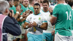 <p>DISAPPOINTMENT: South Africa’s Cheslin Kolbe dejected after the game. Pic: INPHO/SteveHaagSports/SteveHaag</p>