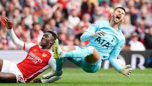 <p>FULL BLOODED: Arsenal's Eddie Nketiah (left) fouls Tottenham Hotspur goalkeeper Guglielmo Vicario during the Premier League match at the Emirates Stadium. Pic: Nick Potts/PA Wire</p>