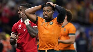 <p>Australia's Samu Kerevi looks dejected following defeat in the Rugby World Cup 2023, Pool C match at the OL Stadium in Lyon, France. Picture: Andrew Matthews/PA Wire </p>