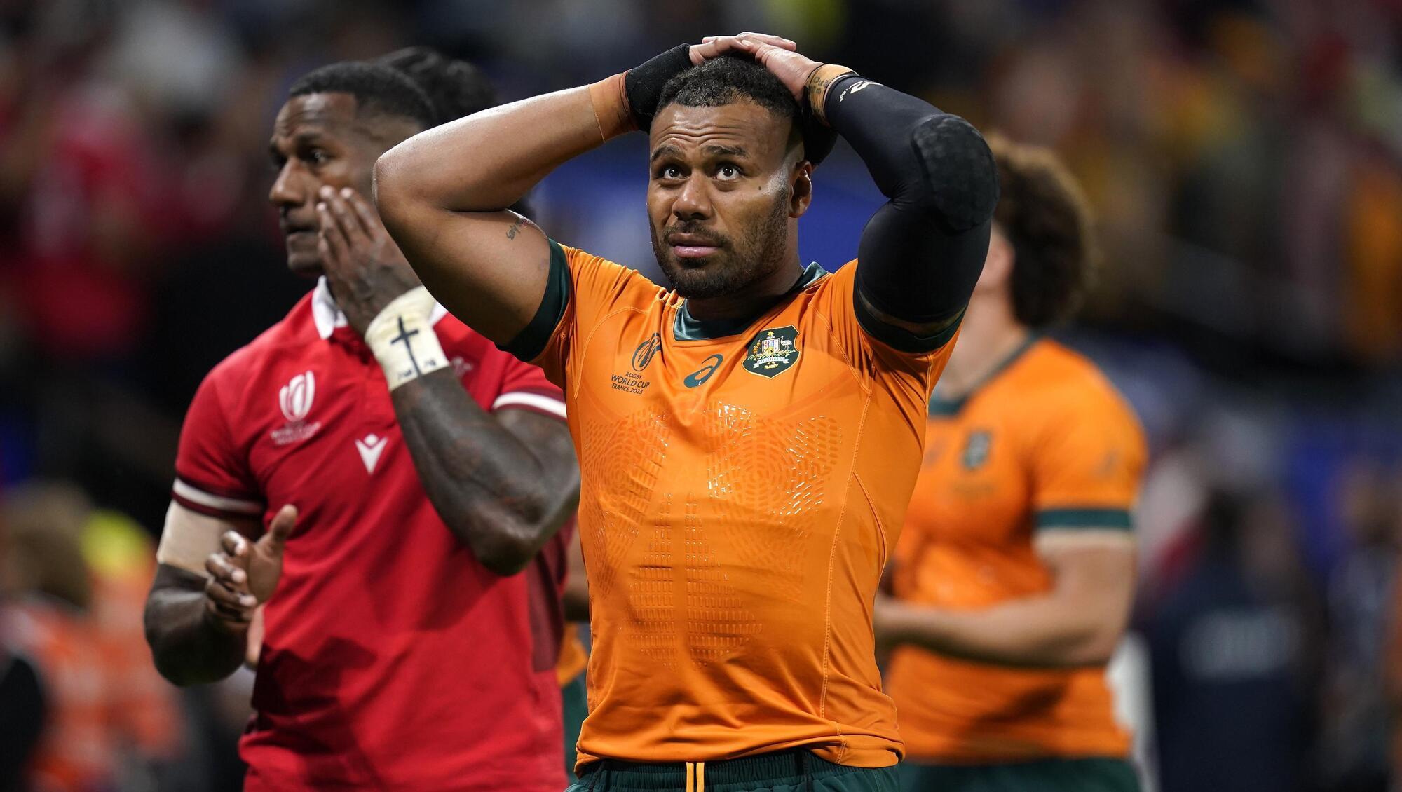 Australia's Samu Kerevi looks dejected following defeat in the Rugby World Cup 2023, Pool C match at the OL Stadium in Lyon, France. Picture: Andrew Matthews/PA Wire 