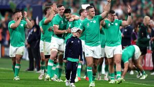 <p>PEAKED TOO EARLY?: Ireland's Jonathan Sexton (centre) and team-mates celebrate after the final whistle in the Rugby World Cup 2023, Pool B match at the Stade de France in Paris. Pic: PA</p>