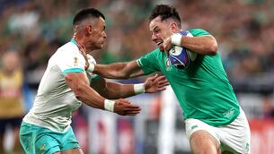 <p>HAND OFF: Ireland's Hugo Keenan (right) is tackled by South Africa's Jesse Kriel during the Rugby World Cup 2023, Pool B match at the Stade de France in Paris. Pic: Bradley Collyer/PA Wire</p>