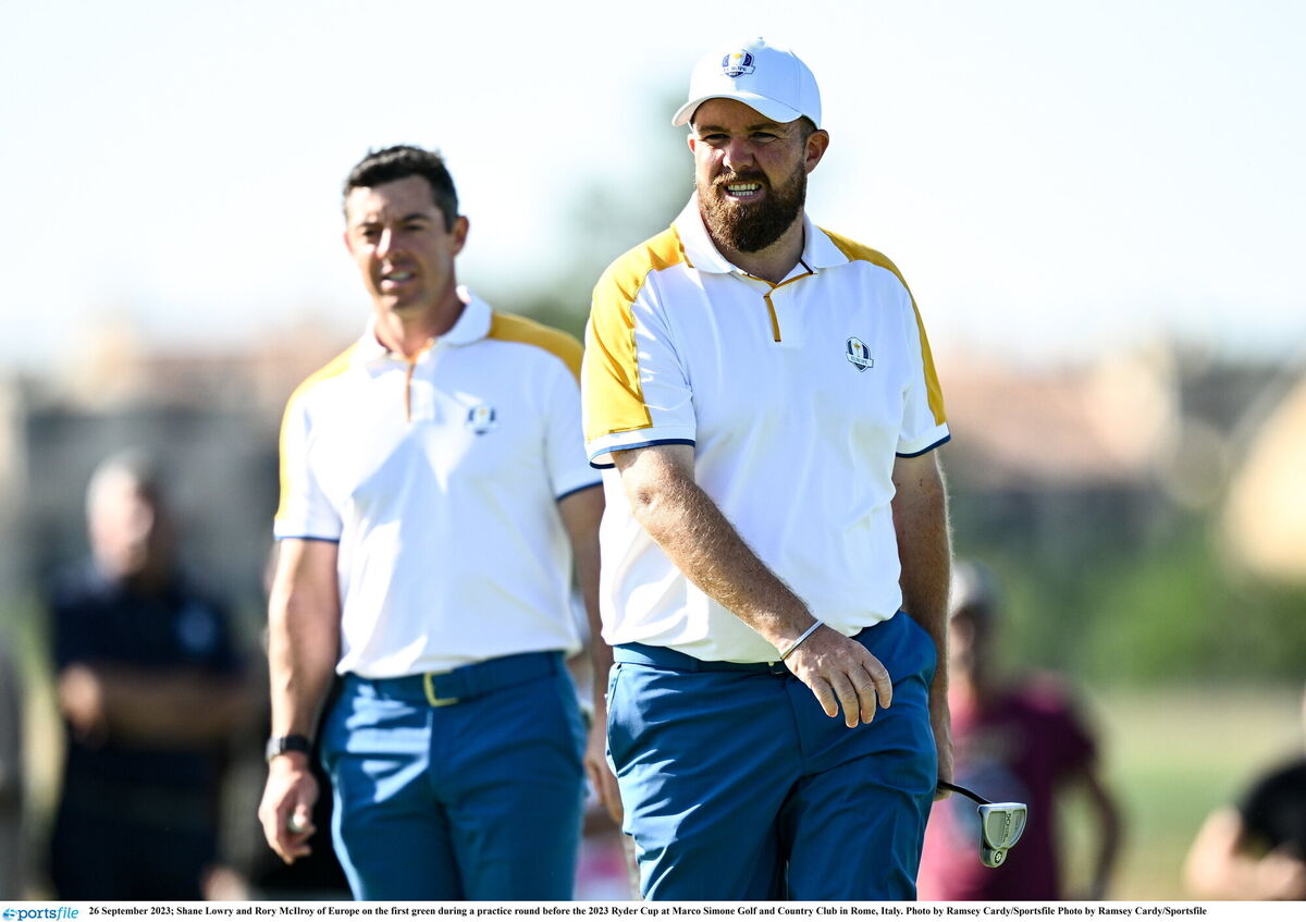 NOT A DRY EYE: Shane Lowry and Rory McIlroy of Europe on the first green during a practice round before the 2023 Ryder Cup at Marco Simone Golf and Country Club in Rome. Pic: Ramsey Cardy/Sportsfile