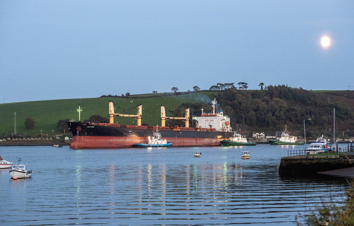  The MV Matthew in Passage West, Cork as it makes its way to berth at the former IFI plant at Marino Point in the Port of Cork. Picture: Dan Linehan