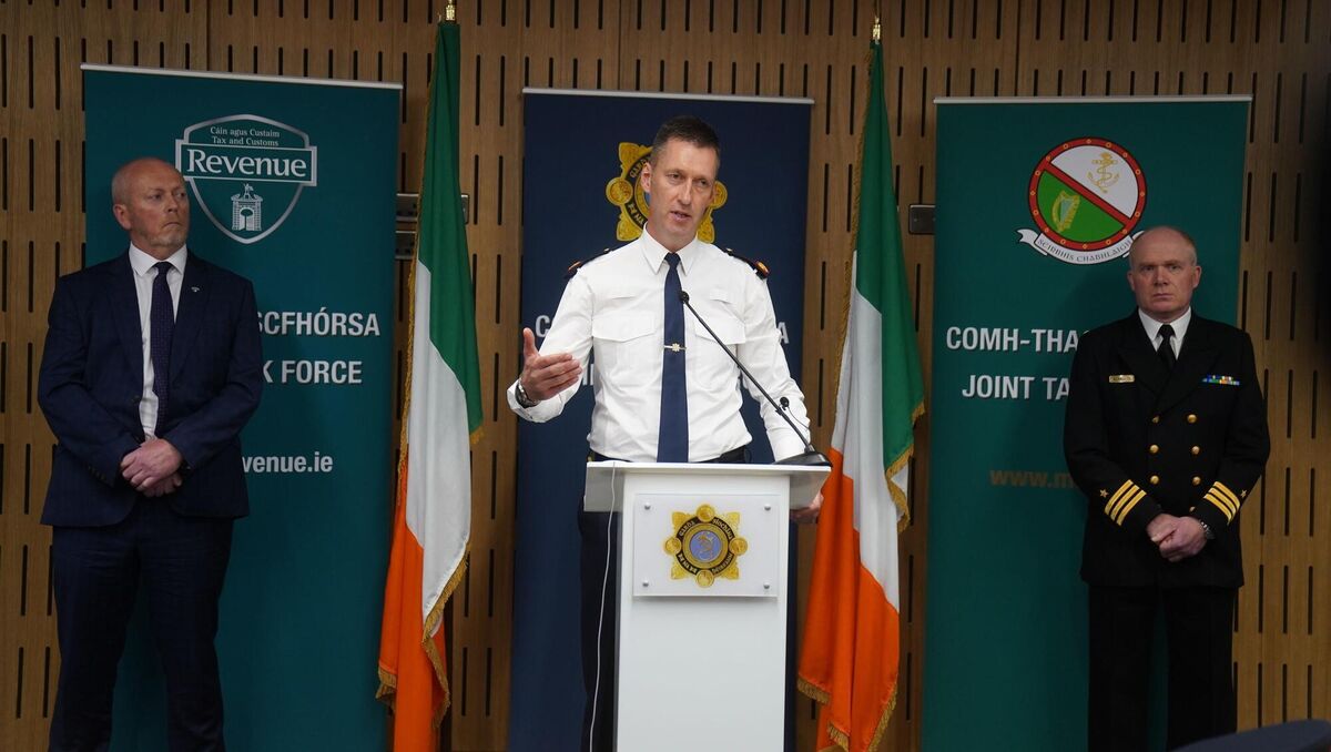 Assistant Garda Commissioner Justin Kelly (M) said that this is the largest seizure in the history of the state. With him are Director General Operations, Revenue and Customs Gerry Harrahill (L) and Fleet Operations Commander of the Irish Naval Service Tony Geraghty. Picture: Brian Lawsless/PA Assistant Garda Commissioner Justin Kelly (M) said that this is the largest seizure in the history of the state. With him are Director General Operations, Revenue and Customs Gerry Harrahill (L) and Fleet Operations Commander of the Irish Naval Service Tony Geraghty. Picture: Brian Lawsless/PA