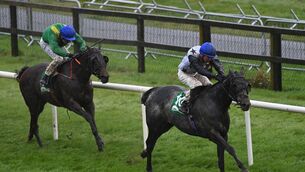 <p>PUSHED OUT: Wesley Joyce steers the Willie McCreery-trained Mogwli to victory at Bellewstown on Wednesday. 	Picture: Healy Racing</p>