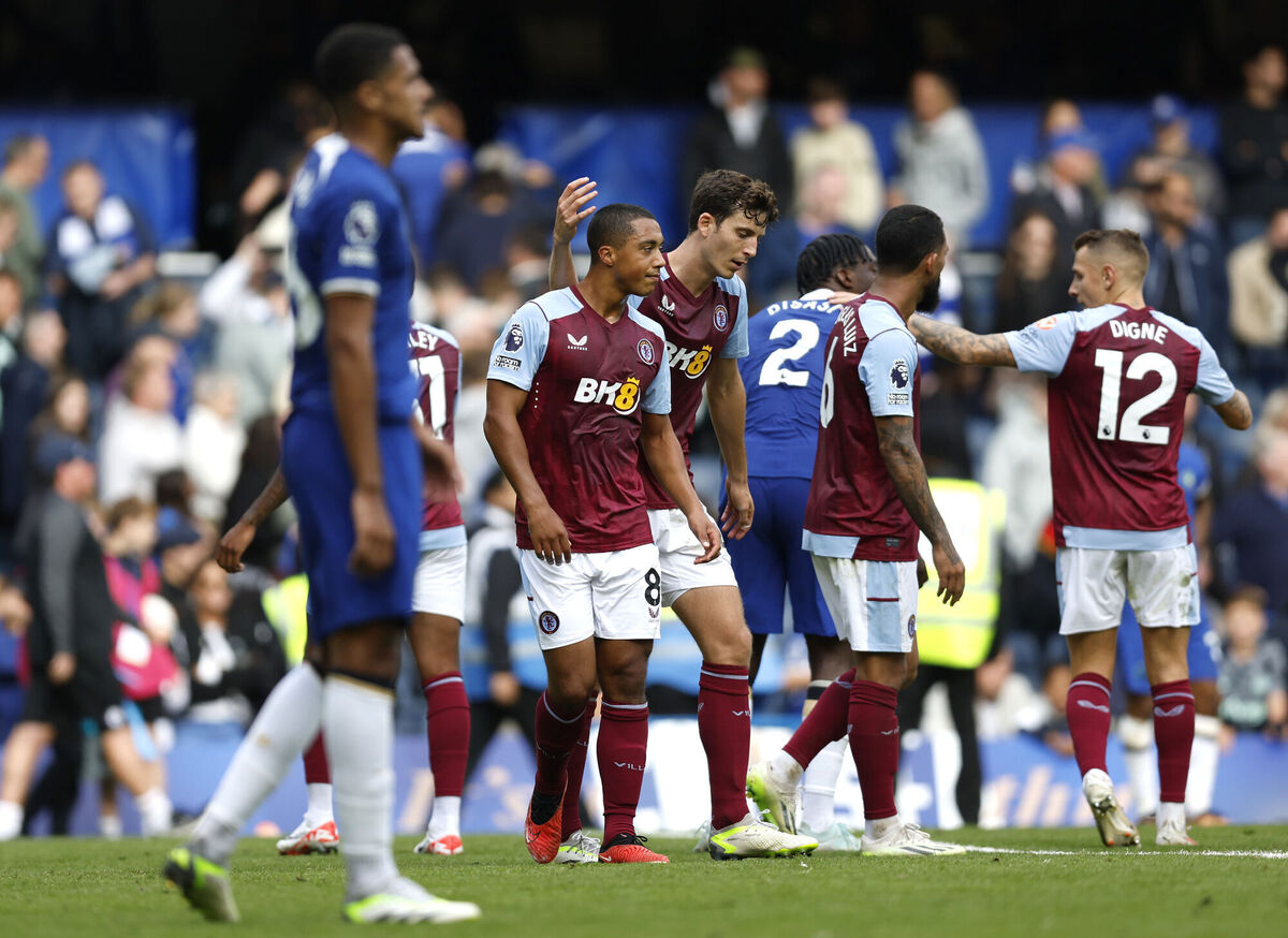 STICKY BUSINESS: Aston Villa's Youri Tielemans (centre) has his Castore kit clinging to his chest. Pic: Sunday September 24, 2023. PA Photo. See PA story SOCCER Chelsea. Photo credit should read: Nigel French/PA Wire