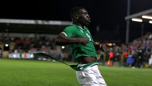 <p>YOU RIPPER: Ireland’s Sinclair Armstrong celebrates scoring his side's third goal against San Marino earlier this month with his torn Castore shirt blowing in the wind. Pic: INPHO/Ken Sutton</p>