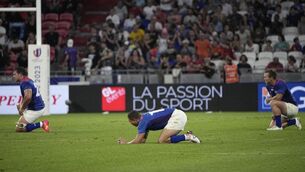<p>DOWN AND OUT: Namibia players react after being defeated by Uruguay during the Rugby World Cup Pool A match between Uruguay and Namibia at the OL Stadium in Lyon, France, Wednesday, Sept. 27, 2023. Pic: AP Photo/Laurent Cipriani</p>